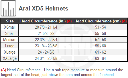 Size Chart For Arai XD5 Helmet