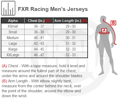 Size Chart For Mens FXR Racing Revo Legend Series Jersey