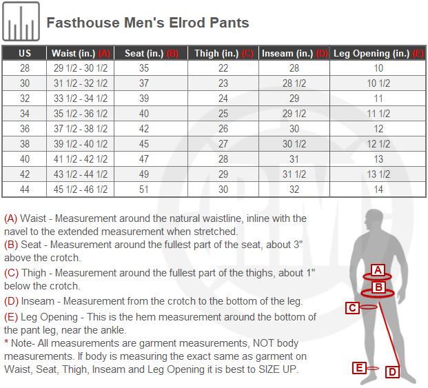 Size Chart For Mens Fasthouse Elrod Pants