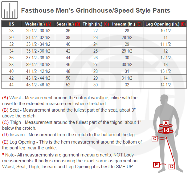 Size Chart For Mens Fasthouse Grindhouse 2.0 Pants