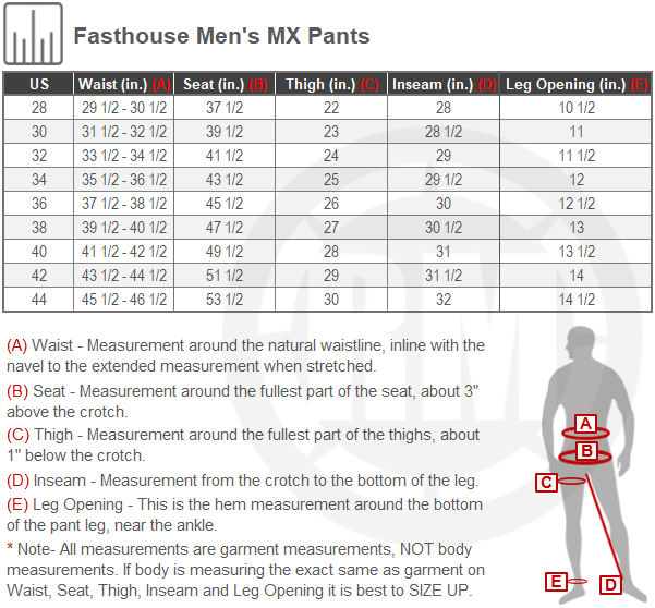 Size Chart For Mens Fasthouse Offroad Pants