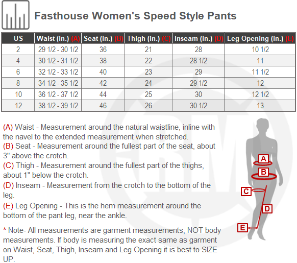 Size Chart For Womens Fasthouse Speed Style Pants