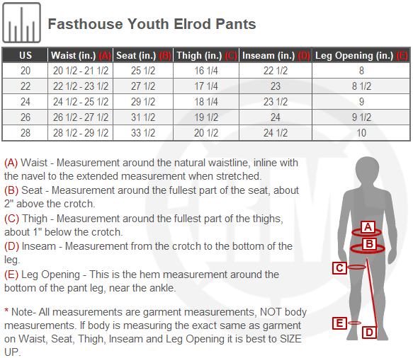 Size Chart For Youth Fasthouse Elrod Pants