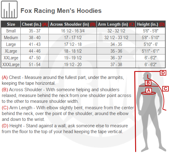 Size Chart For Mens Fox Racing Zip Up Hoodies
