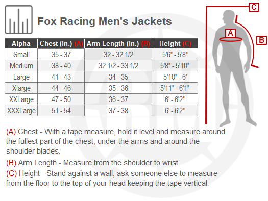 Size Chart for Fox Racing Mens Jackets