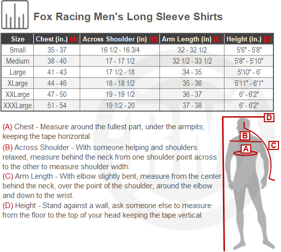 Size Chart For Mens Fox Racing Long Sleeve Shirts