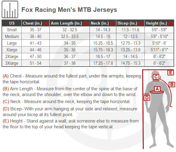 Size Chart For Mens Fox Racing Flexair MTB Jersey