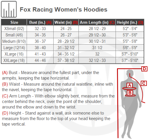 Size Chart For Womens Fox Racing Hoodies