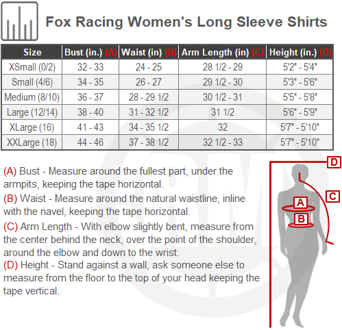 Size Chart For Womens Fox Racing Long Sleeve Shirts