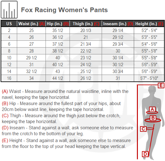 Size Chart For Womens Fox Racing 180 Djet Pants