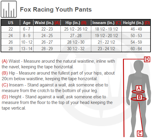Size Chart For Youth Fox Racing 180 Nuklr Pants