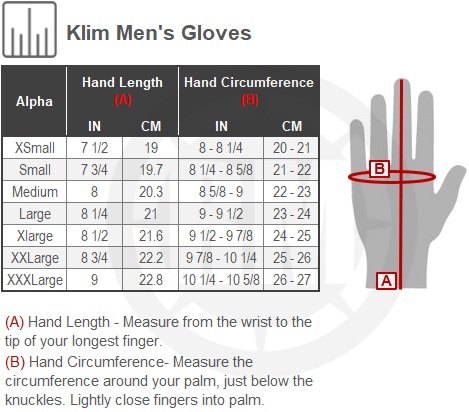 Size Chart For Mens Klim XC Lite Gloves