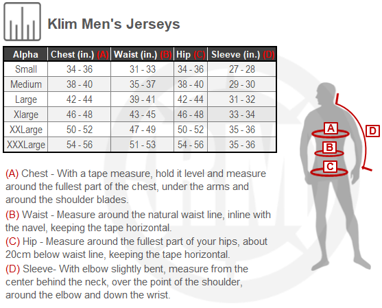 Size Chart For Mens Klim XC Lite Jersey
