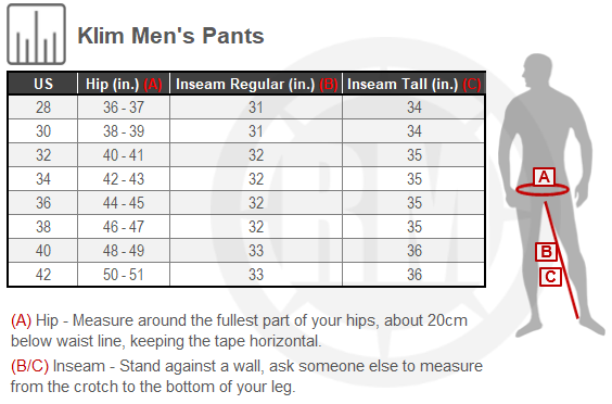 Size Chart For Mens Klim Carlsbad Pant