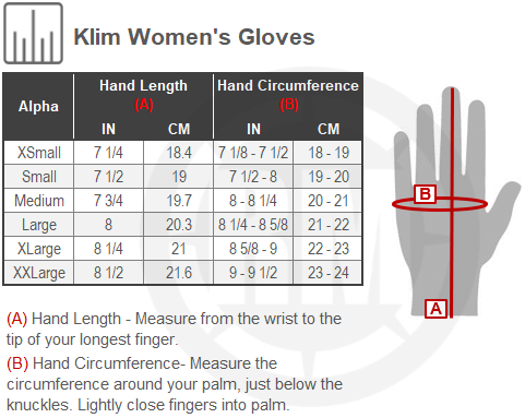 Size Chart For Womens Klim XC Lite Gloves