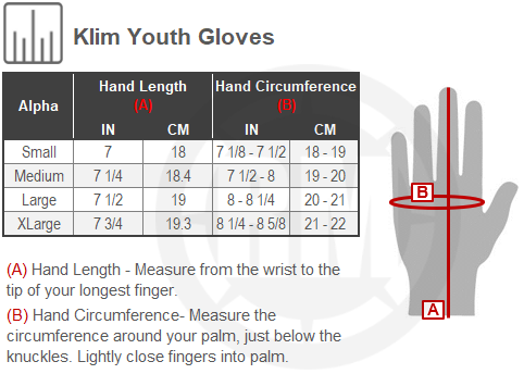 Size Chart For Youth Klim XC Lite Gloves