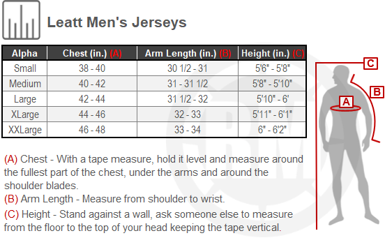 Size Chart For Mens Leatt Moto 4.5 Enduro Jersey