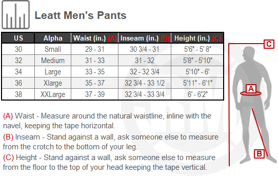 Size Chart For Mens Leatt Moto 5.5 Enduro Pants