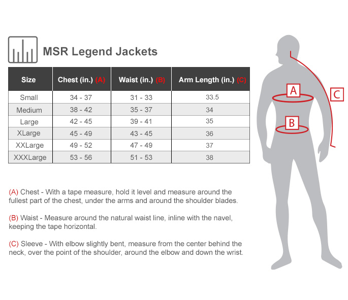 MSR Legend Jacket Size Chart