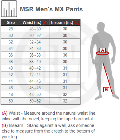 Size Chart For Mens MSR NXT Grid Pants