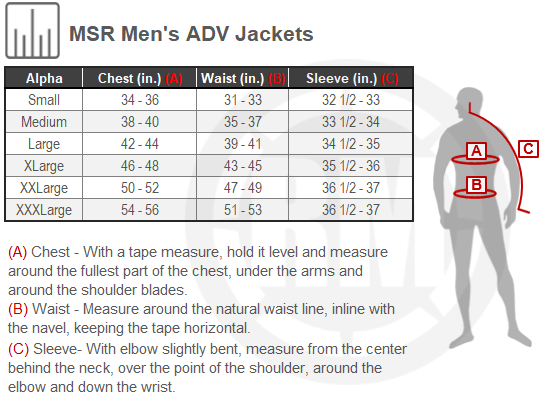 Size Chart For Mens MSR ADV Jacket