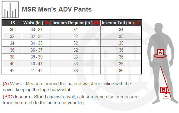 Size Chart For Mens MSR ADV Pants