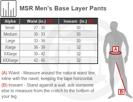 Size Chart For Mens MSR Base Layer Pants