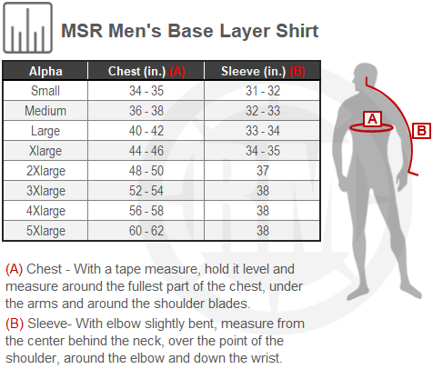 Size Chart For Mens MSR Base Layer Shirt