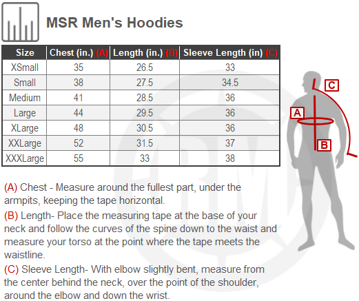 Size Chart For Mens MSR Hoodies