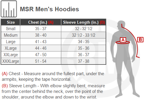 Size Chart For Mens MSR Zip Up Hoodies