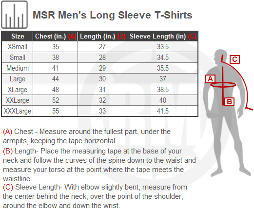 Size Chart For Mens MSR Long Sleeve Shirts