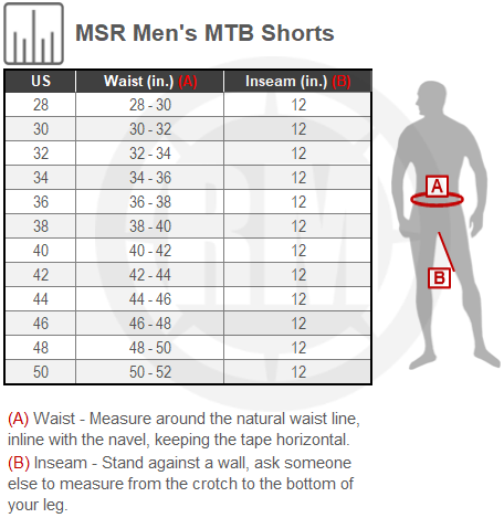 Size Chart For Mens MSR MTB Rush Shorts