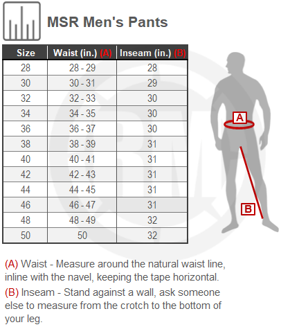 Size Chart For Mens MSR NXT Preload Pants