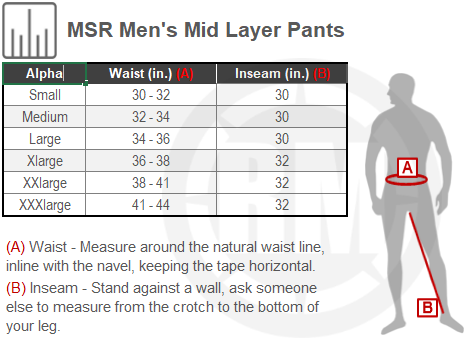 Size Chart For Mens MSR Mid Layer Pants