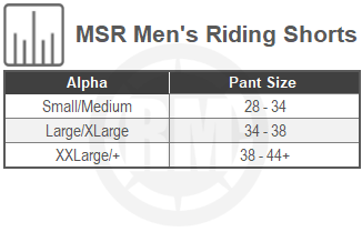 Size Chart For Mens MSR Strike Padded Riding Shorts