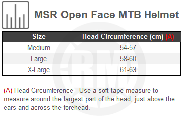 Size Chart For MSR Open Face MTB Helmet