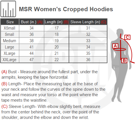 Size Chart For Womens MSR Cropped Hoodies