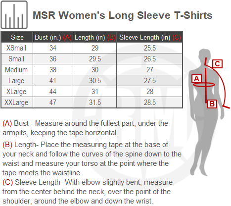 Size Chart For Womens MSR Long Sleeve Shirts