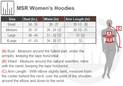 Size Chart For Womens MSR Hoodies