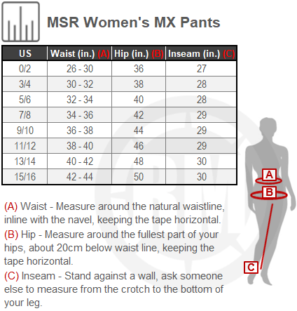 Size Chart For Womens MSR Nova Pants
