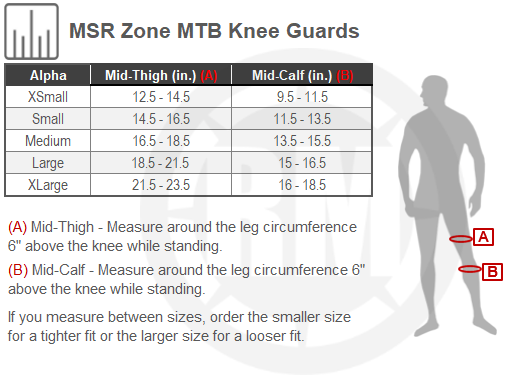 Size Chart For MSR Zone MTB Knee Guards
