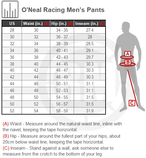 Size Chart For Mens ONeal Racing Element Camo Pants