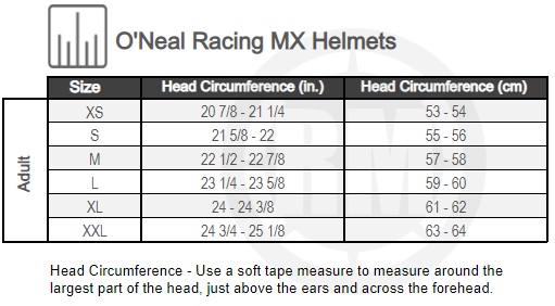 Size Chart For Oneal Racing Helmets