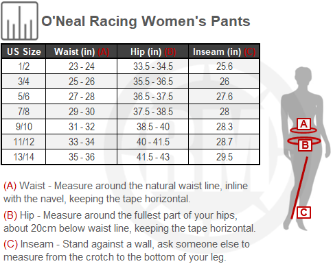 Size Chart For Womens ONeal Racing Apocalypse Pants