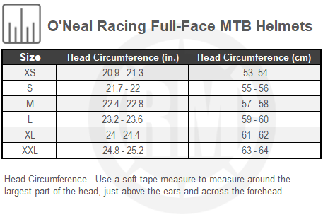 Size Chart For Oneal Racing MTB Helmet
