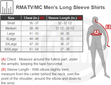 Size Chart For Mens Rocky Mountain ATV Long Sleeve Shirts