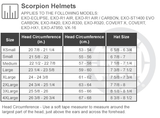 Size Chart For Scorpoin-Helmets