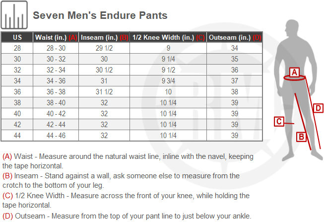 Size Chart For Mens Seven Endure Avid Pants