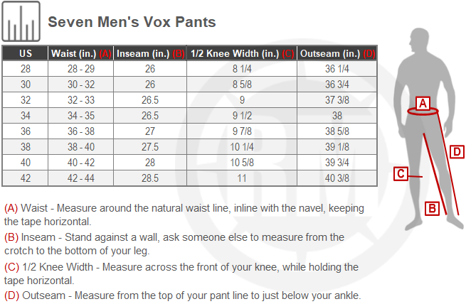 Size Chart For Mens Seven Vox Staple Pants