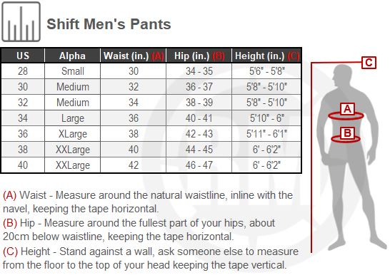 Size Chart For Mens Shift Pants